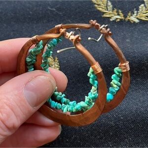 Handmade copper and turquoise beaded hoop earrings